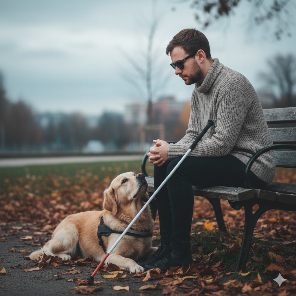 Foto / Reprodução - Imagem mostra representação de uma pessoa com deficiência visual sentada em um banco em uma praça, com uma bengala dobrável e um cão guia, e um semblante pensativo